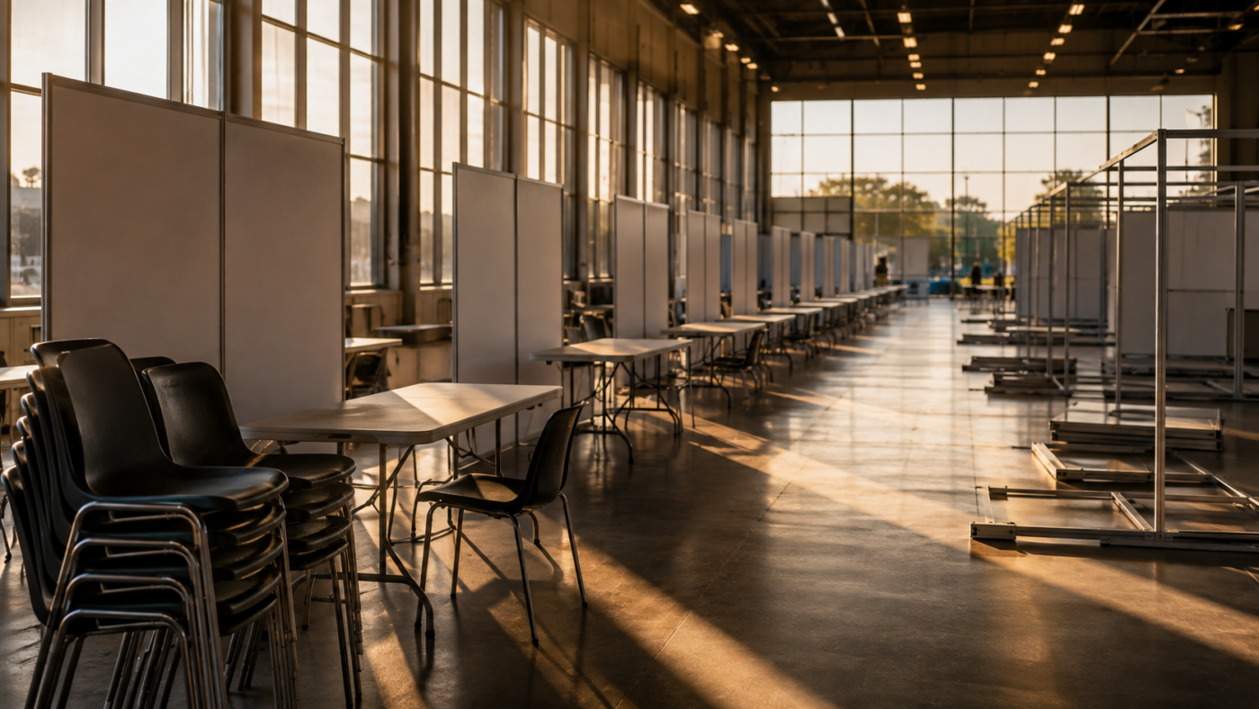 Grand hall de salon de l'emploi vide en fin de journée, rangées de tables pliantes aux panneaux vierges et chaises empilées, lumière rasante par de hautes fenêtres