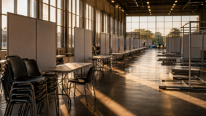 Grand hall de salon de l'emploi vide en fin de journée, rangées de tables pliantes aux panneaux vierges et chaises empilées, lumière rasante par de hautes fenêtres