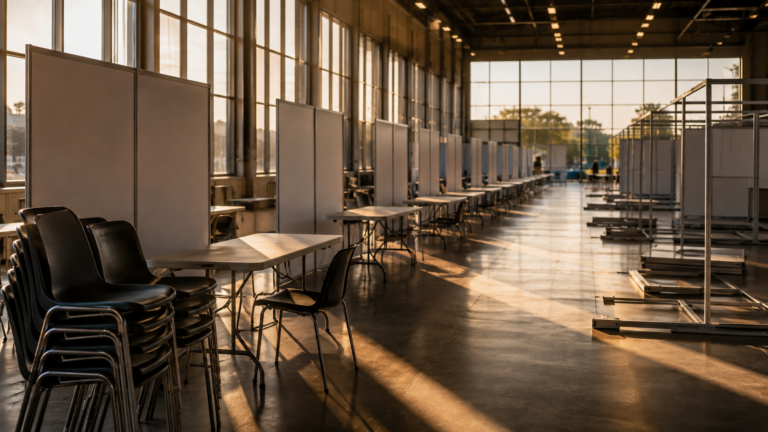 Grand hall de salon de l'emploi vide en fin de journée, rangées de tables pliantes aux panneaux vierges et chaises empilées, lumière rasante par de hautes fenêtres