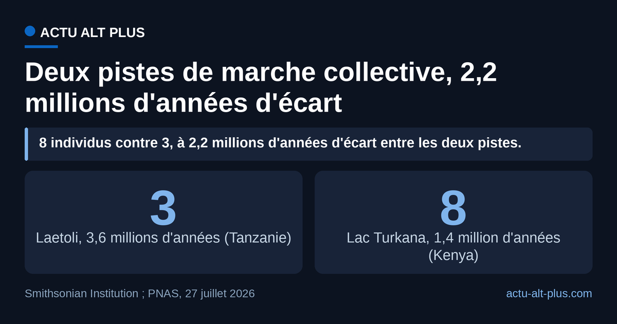 La piste du lac Turkana réunit plus du double d'individus que celle de Laetoli, avec 2,2 millions d'années entre les deux surfaces de marche.