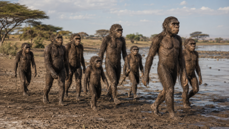 Reconstitution d'un petit groupe d'hominines marchant sur la rive boueuse d'un lac, en Afrique de l'Est.