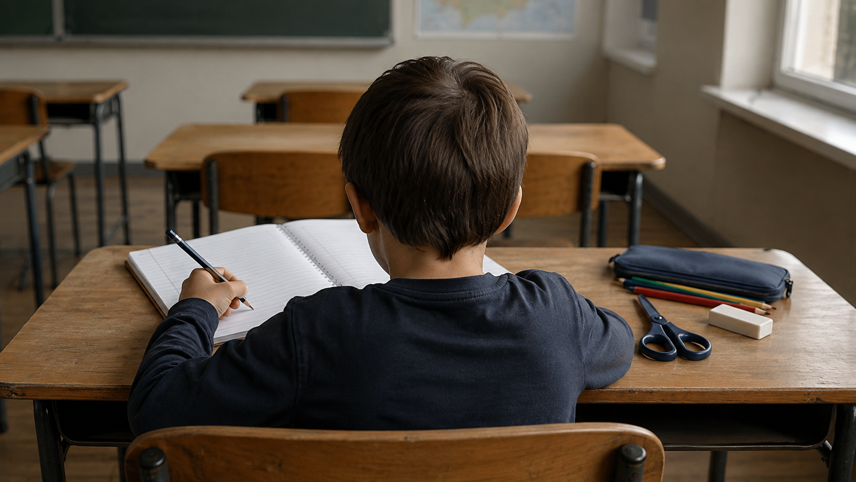Enfant vu de dos à son pupitre, écrivant de la main gauche dans un cahier incliné, ciseaux et fournitures posés à côté.