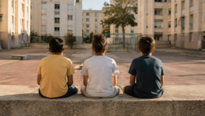 Trois enfants vus de dos, sans visage, assis sur un muret dans une cour d'immeuble déserte en plein après-midi d'août.