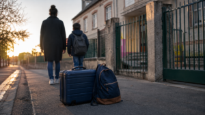 Devant une école française au petit matin, une valise et un petit sac à dos posés sur le trottoir, un adulte et un enfant de dos.