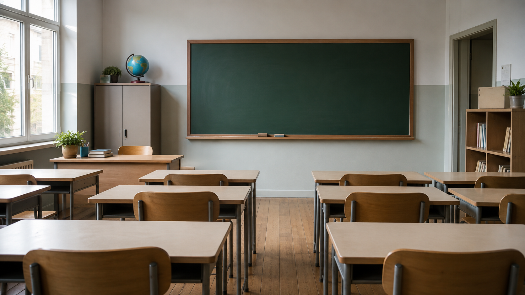 Salle de classe d’école élémentaire française vide avant la rentrée, rangées de petits bureaux et tableau vert sans écriture.