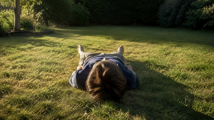 Un enfant vu de dos, allongé dans l’herbe d’un jardin en fin d’été, regarde le ciel sans jouet ni écran à portée de main.