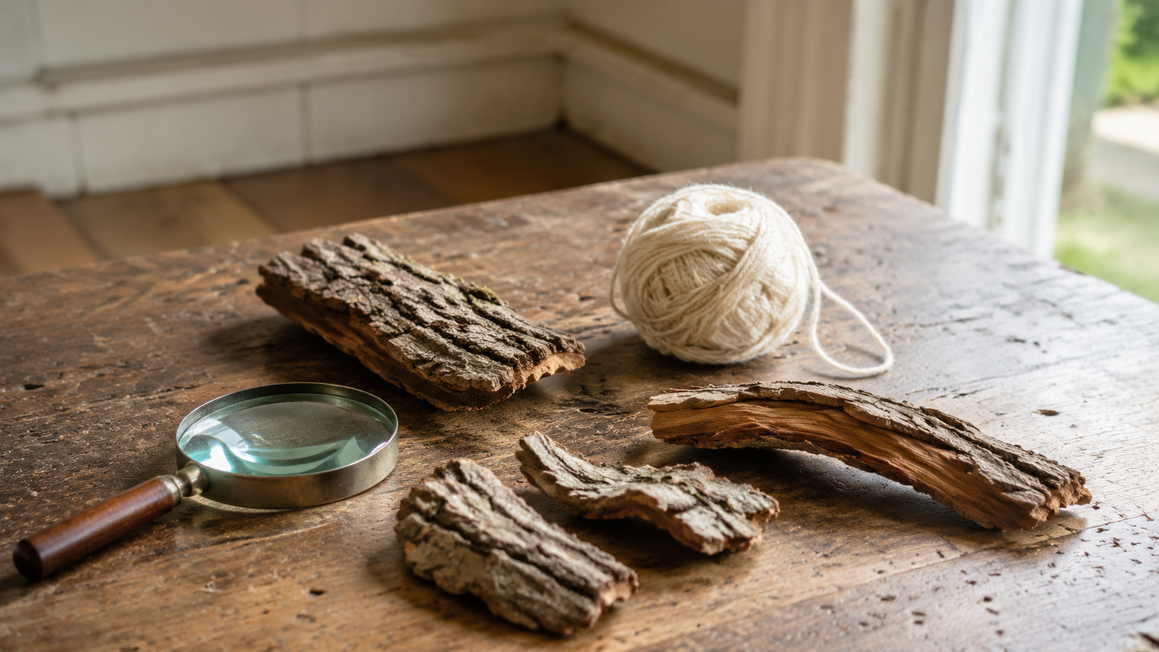 Sur une table en bois, une loupe, une pelote de laine et des morceaux de bois brut laissés à portée de main, sans personne dans le cadre.