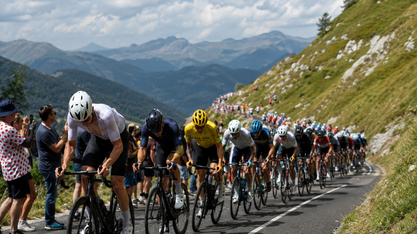 Peloton de coureurs professionnels sur une route de montagne, bordée de spectateurs debout sans barrière ni guichet