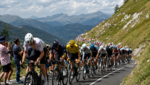 Peloton de coureurs professionnels sur une route de montagne, bordée de spectateurs debout sans barrière ni guichet