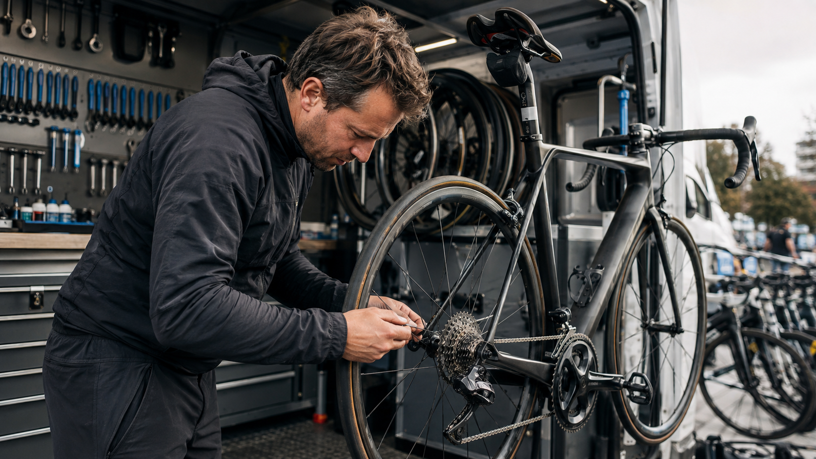 Mécanicien d’équipe cycliste penché sur la transmission arrière d’un vélo de course, dans un camion d’assistance aménagé, d’autres vélos suspendus derrière lui.