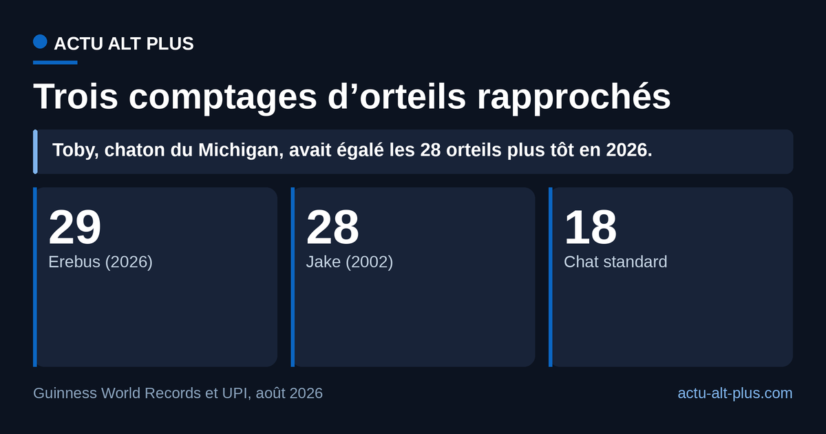 Erebus ne dépasse l’ancien record que d’un orteil, mais il en compte onze de plus qu’un chat ordinaire.