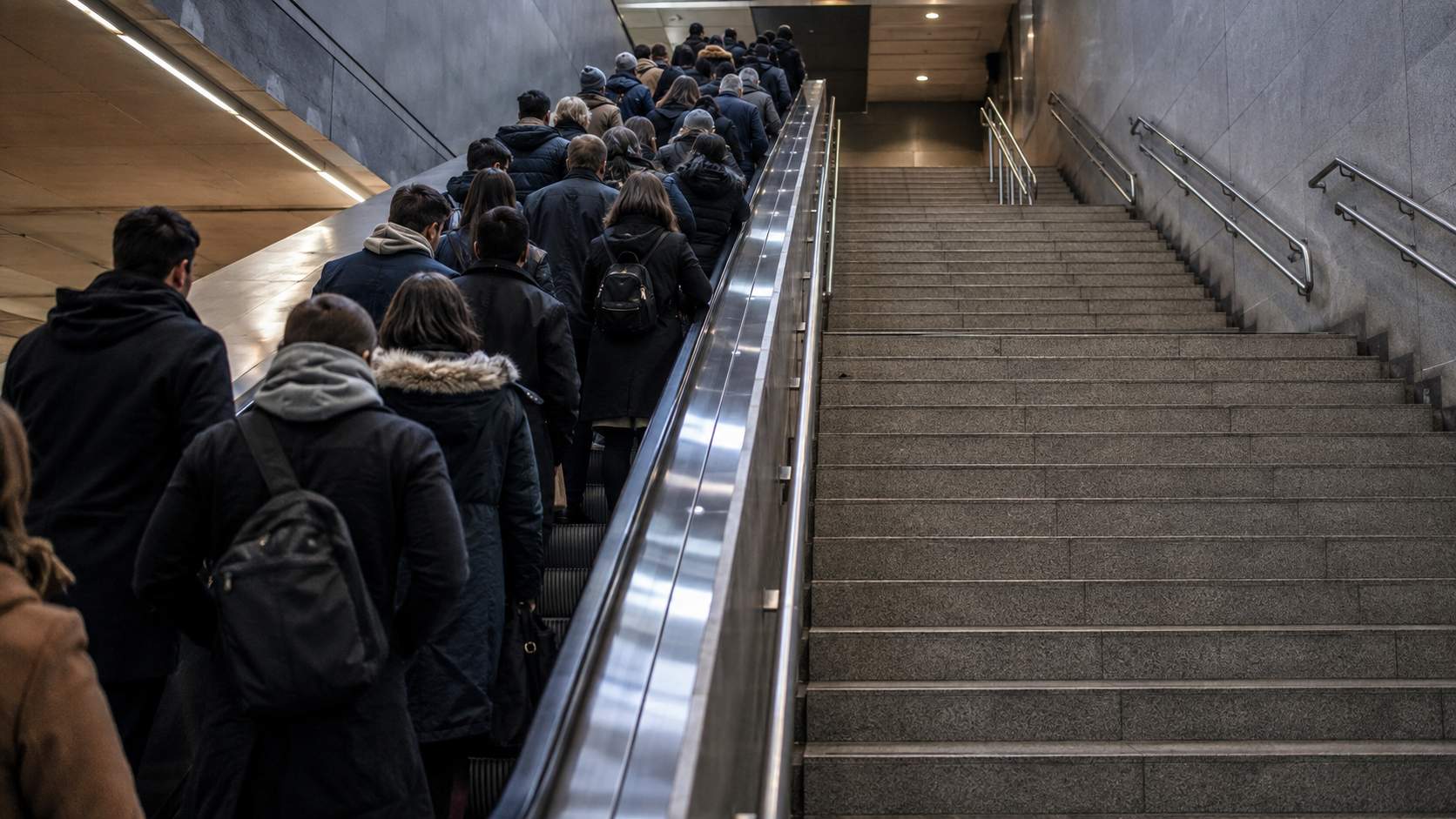Dans une station de métro, l’escalator est saturé de voyageurs tandis que l’escalier voisin reste vide.