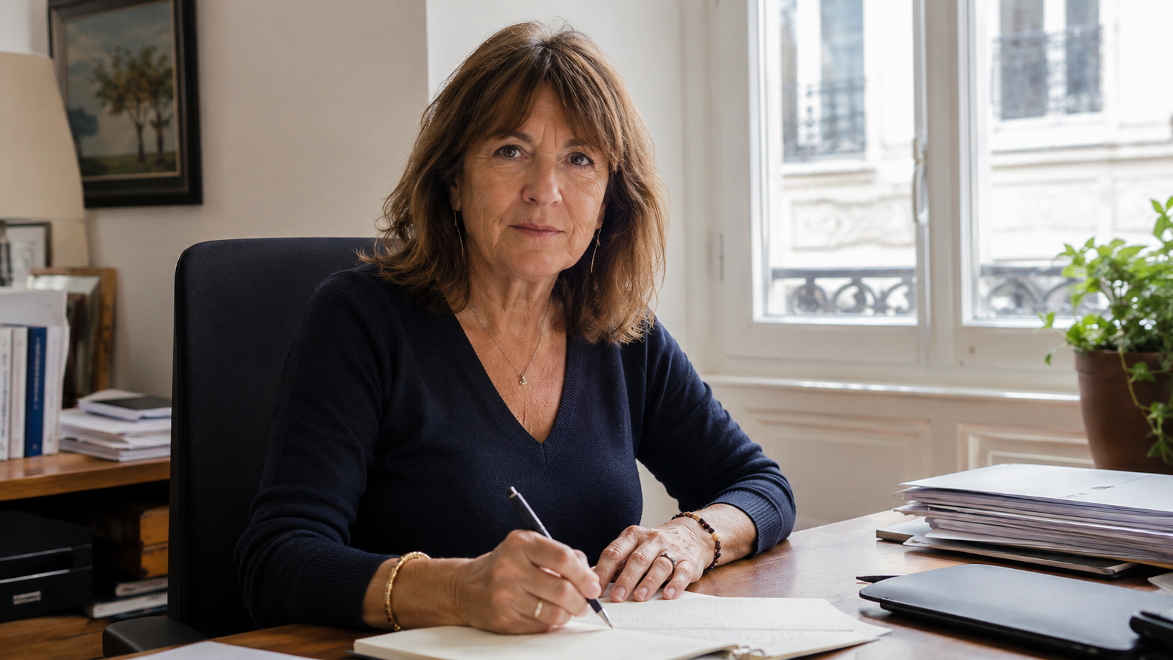 Une femme d’une cinquantaine d’années travaille à un bureau simple dans un petit bureau français éclairé par une fenêtre.