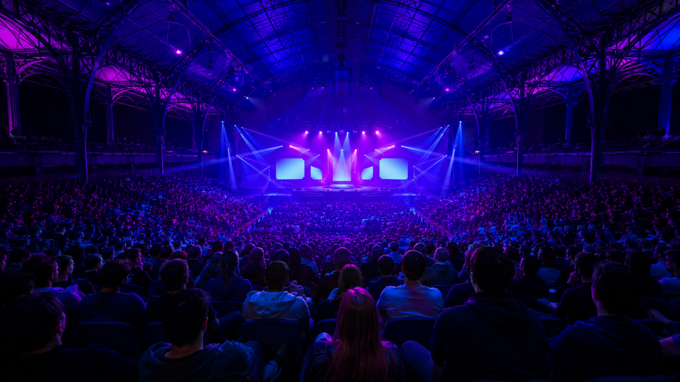 Hall d’exposition transformé en arène esport, gradins pleins vus de dos face à une grande scène éclairée en bleu et magenta.