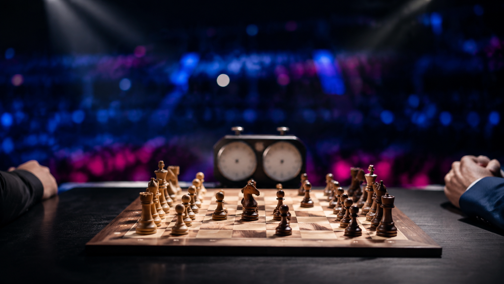 Échiquier de tournoi et pendule sur une table noire sous les projecteurs, mains des joueurs seules visibles, arène esport floue derrière.
