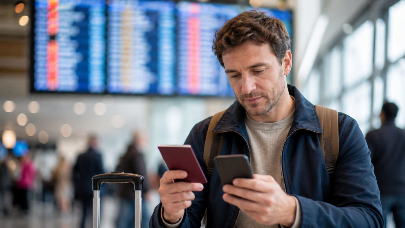 Un voyageur tient son passeport et son smartphone dans un hall de départ d'aéroport, panneau d'affichage flou en arrière-plan.