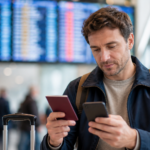 Un voyageur tient son passeport et son smartphone dans un hall de départ d'aéroport, panneau d'affichage flou en arrière-plan.