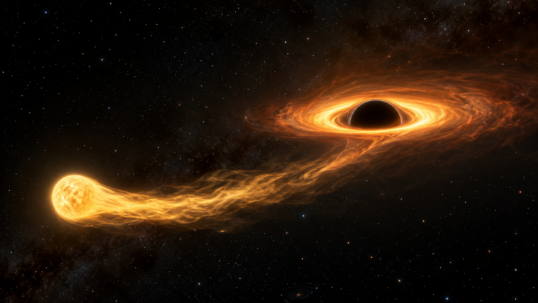 Une étoile jaune étirée en un long ruban de gaz qui s’enroule vers une sphère noire cerclée d’un mince disque incandescent, sur fond d’étoiles lointaines.