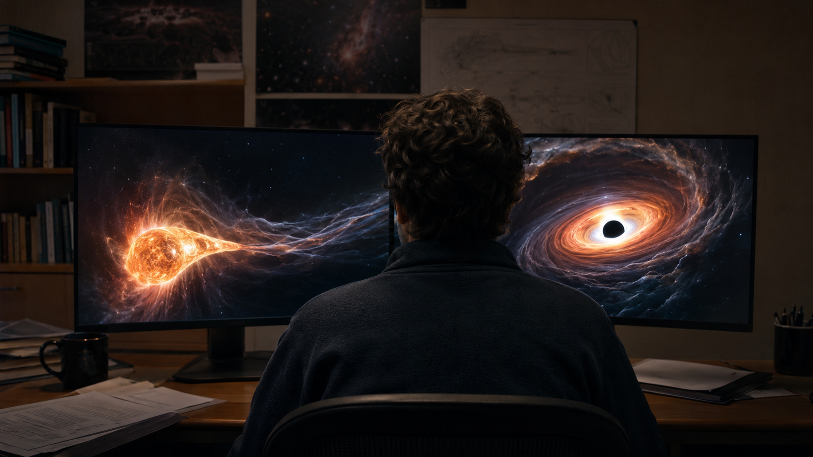 De dos dans un bureau de département de physique, un chercheur observe deux écrans où une simulation étire une étoile en filament près d’un disque sombre.