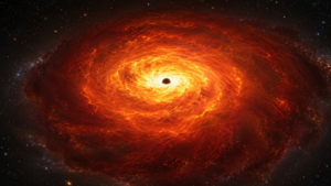 Vue d’artiste d’une immense enveloppe de gaz rougeoyante entourant un cœur sombre et compact, sur fond d’étoiles.