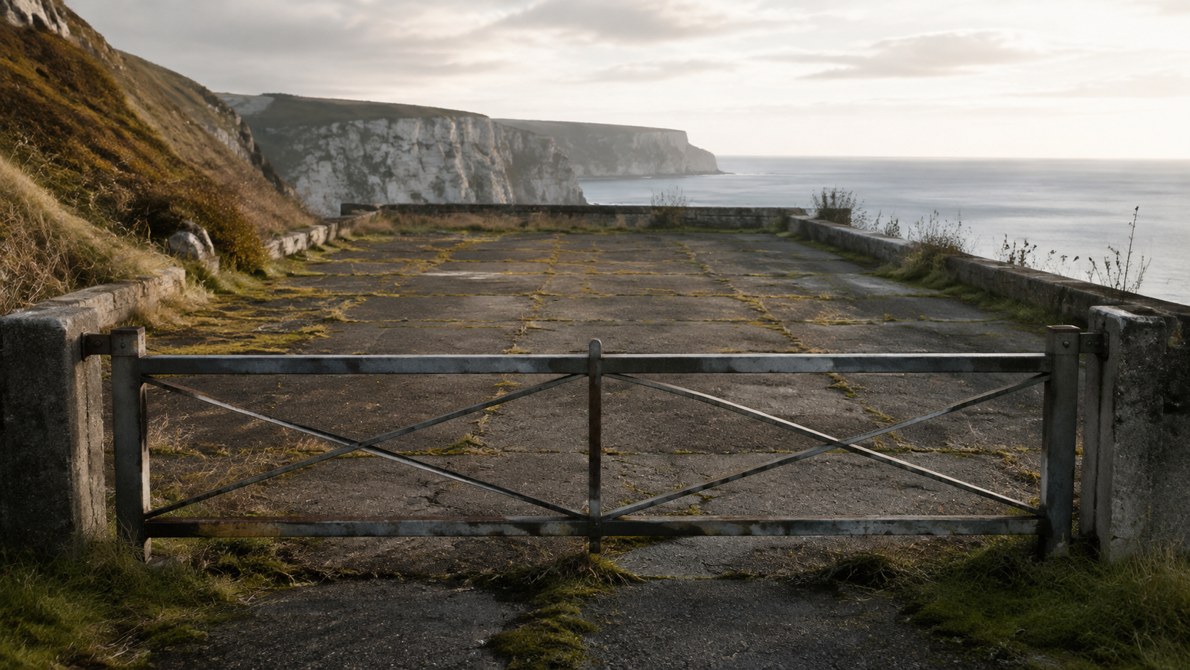 Ancien parking de falaise fermé et vide, barrière métallique en travers de l'accès, herbe repoussant dans l'asphalte fissuré, mer et falaises de craie en arrière-plan.