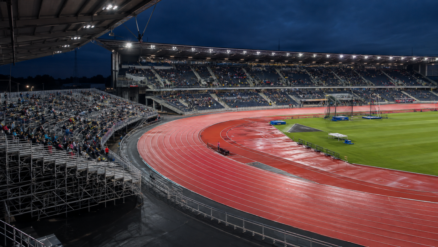 Stade d’athlétisme éclairé en soirée, piste rouge et tribunes démontables installées dans les deux virages, public vu de loin sans visage identifiable
