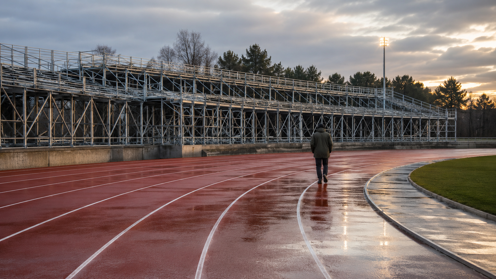Stade d’athlétisme vide au petit matin, piste humide et structure métallique d’une tribune temporaire derrière un virage, agent d’entretien de dos