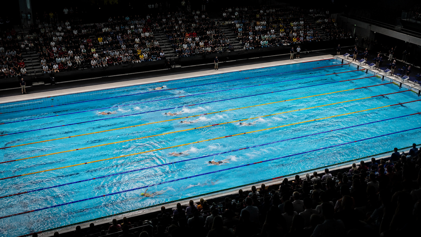 Vue plongeante sur un bassin olympique de cinquante mètres en pleine course, tribunes pleines dans la pénombre.