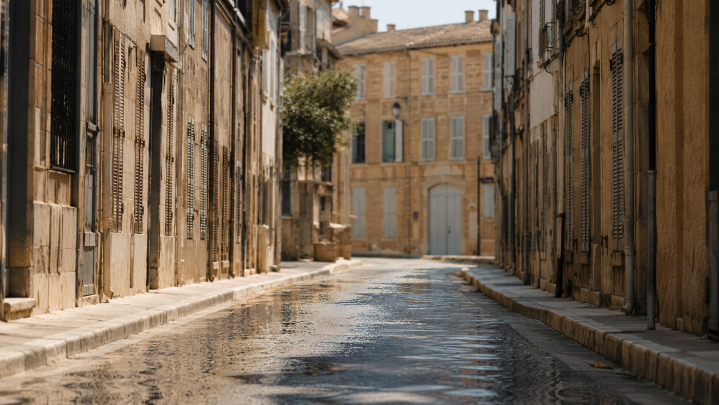 Rue urbaine européenne déserte en plein midi de canicule, volets clos et air tremblant au-dessus du bitume.