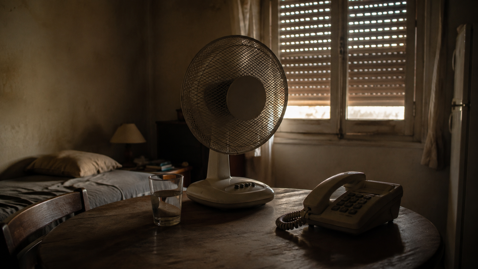Ventilateur, verre d'eau et téléphone fixe sur une table, dans un petit appartement aux volets fermés.