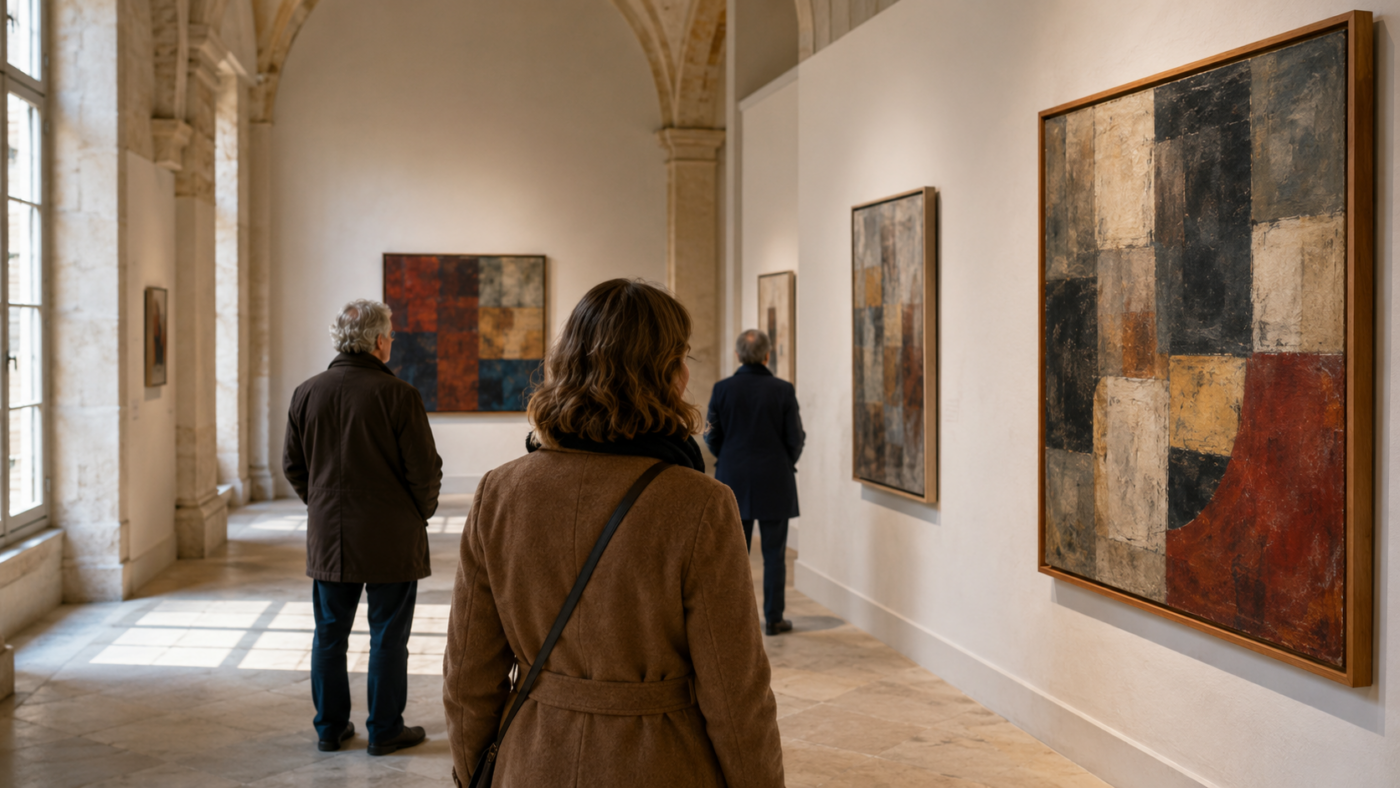 Trois visiteurs de dos observent des œuvres encadrées dans la salle claire d'un musée de région.