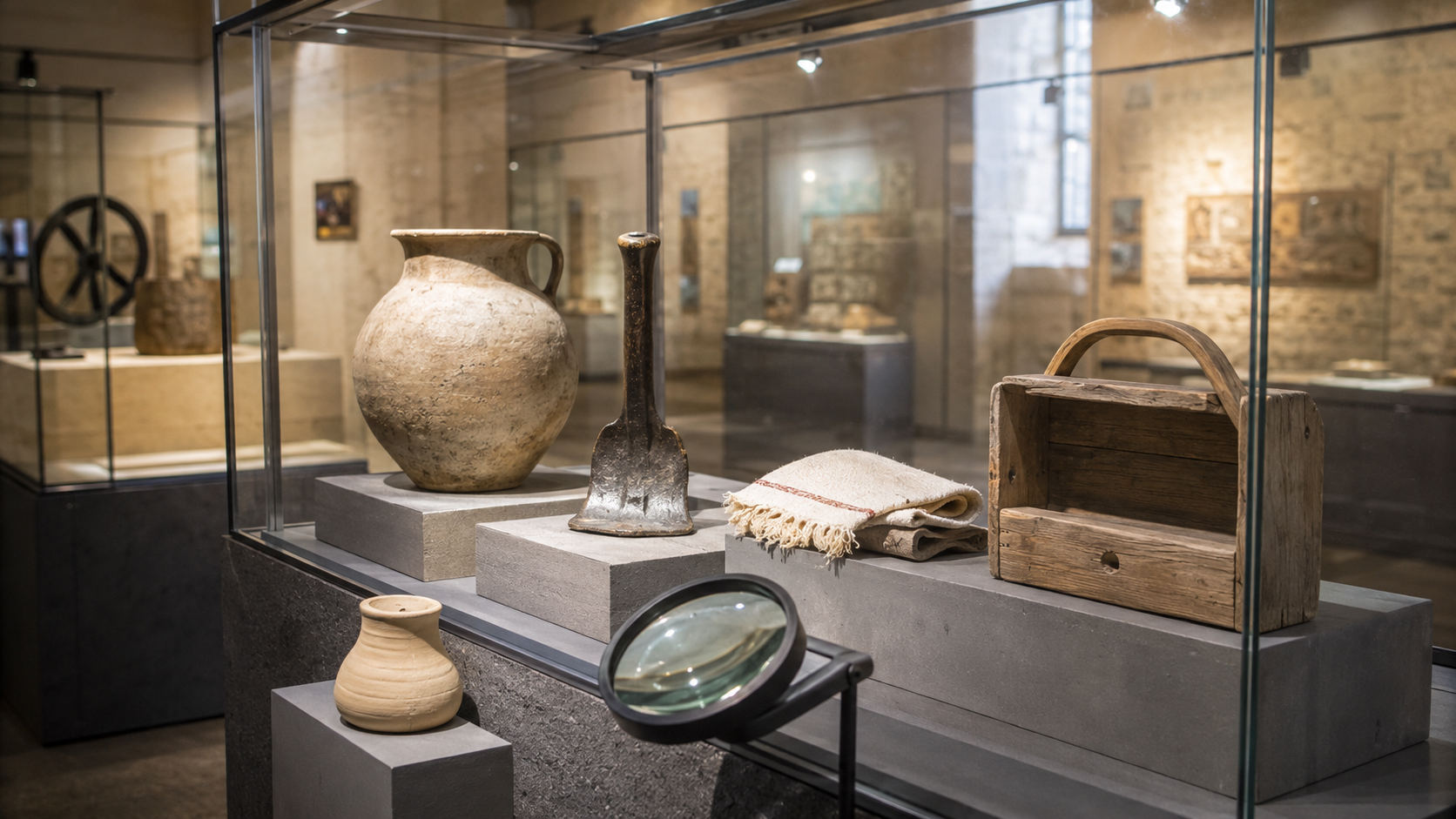Vitrine vitrée d'un musée municipal présentant des objets historiques sur des socles neutres.