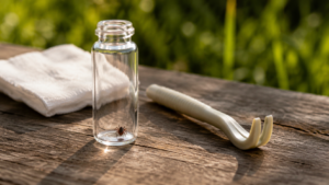 Une tique enfermée dans un petit flacon transparent, posé sur une table de jardin en bois à côté d'un tire-tique et d'un linge blanc.
