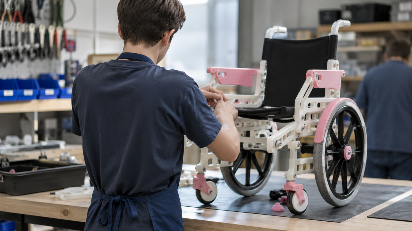 Des mains d’adolescent assemblent, sur un établi, le châssis blanc à touches roses d’un petit fauteuil roulant imprimé en 3D, sans visage dans le cadre.