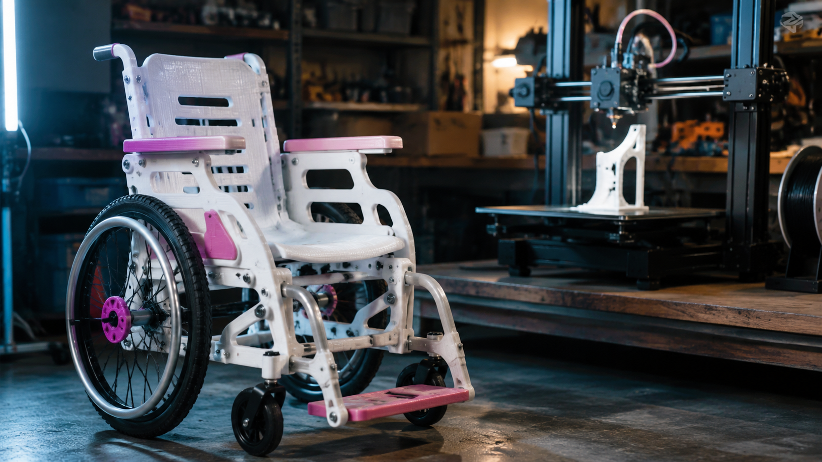 Un petit fauteuil roulant d’enfant imprimé en 3D, châssis blanc à touches roses, posé seul devant une imprimante en marche.