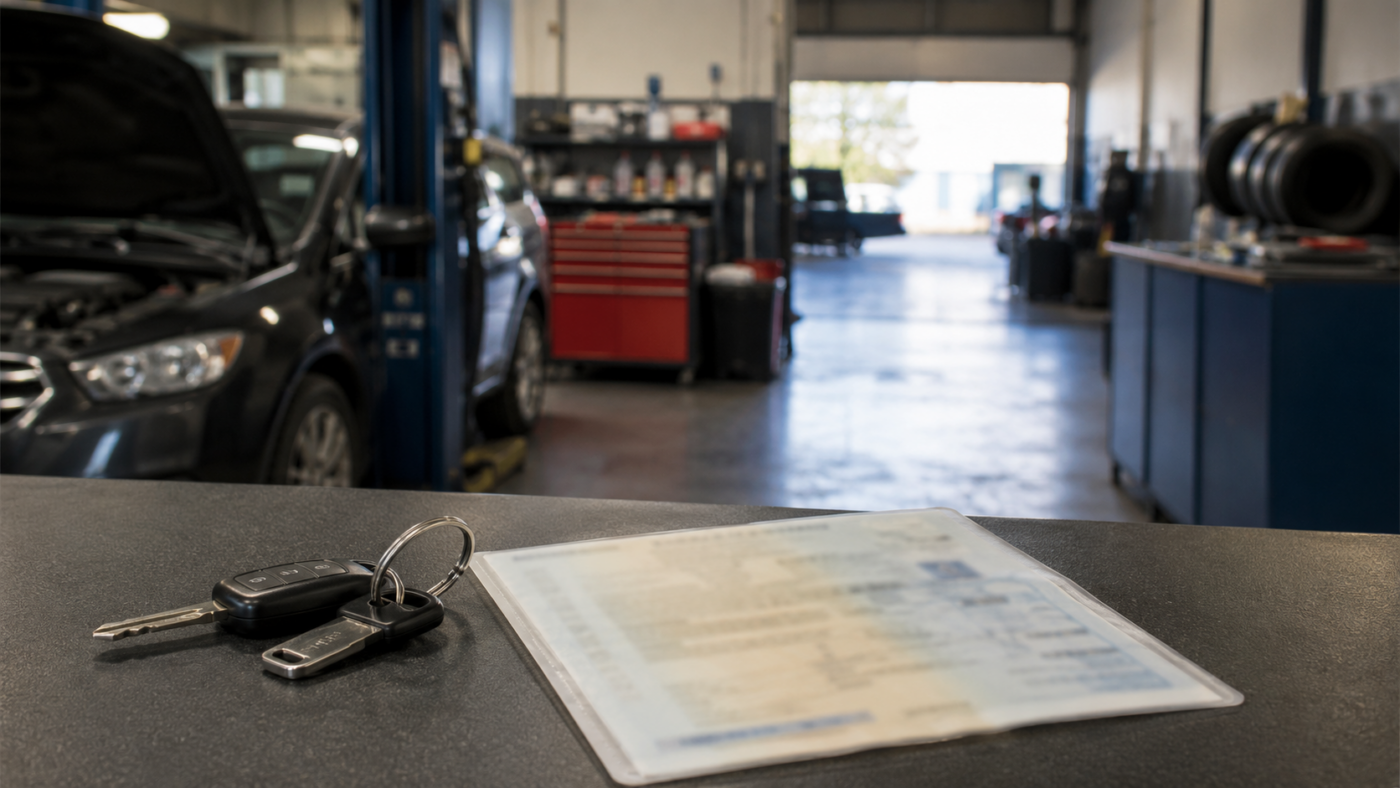 Certificat d'immatriculation flou posé sur un comptoir de garage à côté de clés de voiture, sans texte ni plaque lisible
