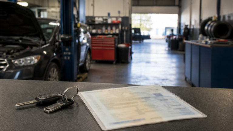 Certificat d'immatriculation flou posé sur un comptoir de garage à côté de clés de voiture, sans texte ni plaque lisible