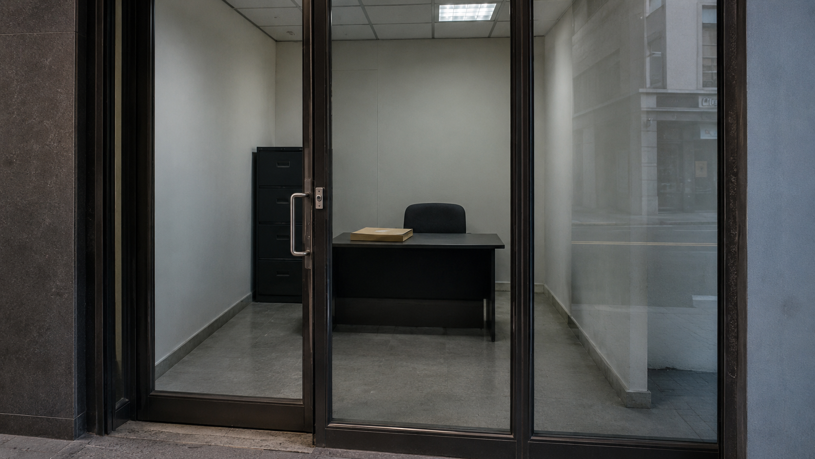 Petit local commercial presque vide avec un bureau et une chemise cartonnée, vu à travers une porte vitrée, sans enseigne