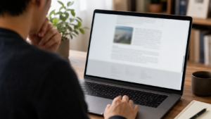 Un homme lit sur son ordinateur portable une page web de rapport, attablé devant une tasse et un carnet, la main sur le pavé tactile pour faire défiler.