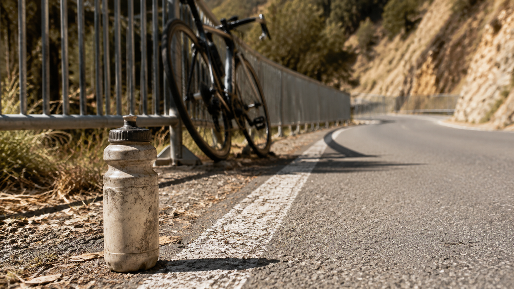 Bidon usé posé au bord de la route près d'une barrière de course, un vélo appuyé contre la barrière, sans personne autour.