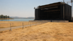 Site de festival désert au bord d'un lac, scène montée mais éteinte, aucun public, herbe sèche sous la chaleur.