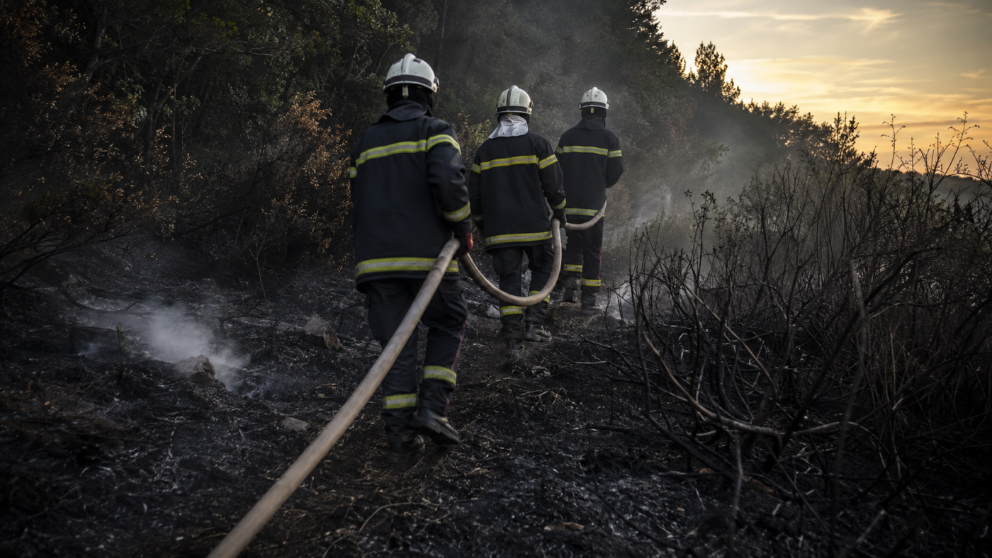 Trois pompiers vus de dos tirent une ligne de tuyau le long d’une lisière noircie d’où monte encore de la fumée, à la tombée du jour.