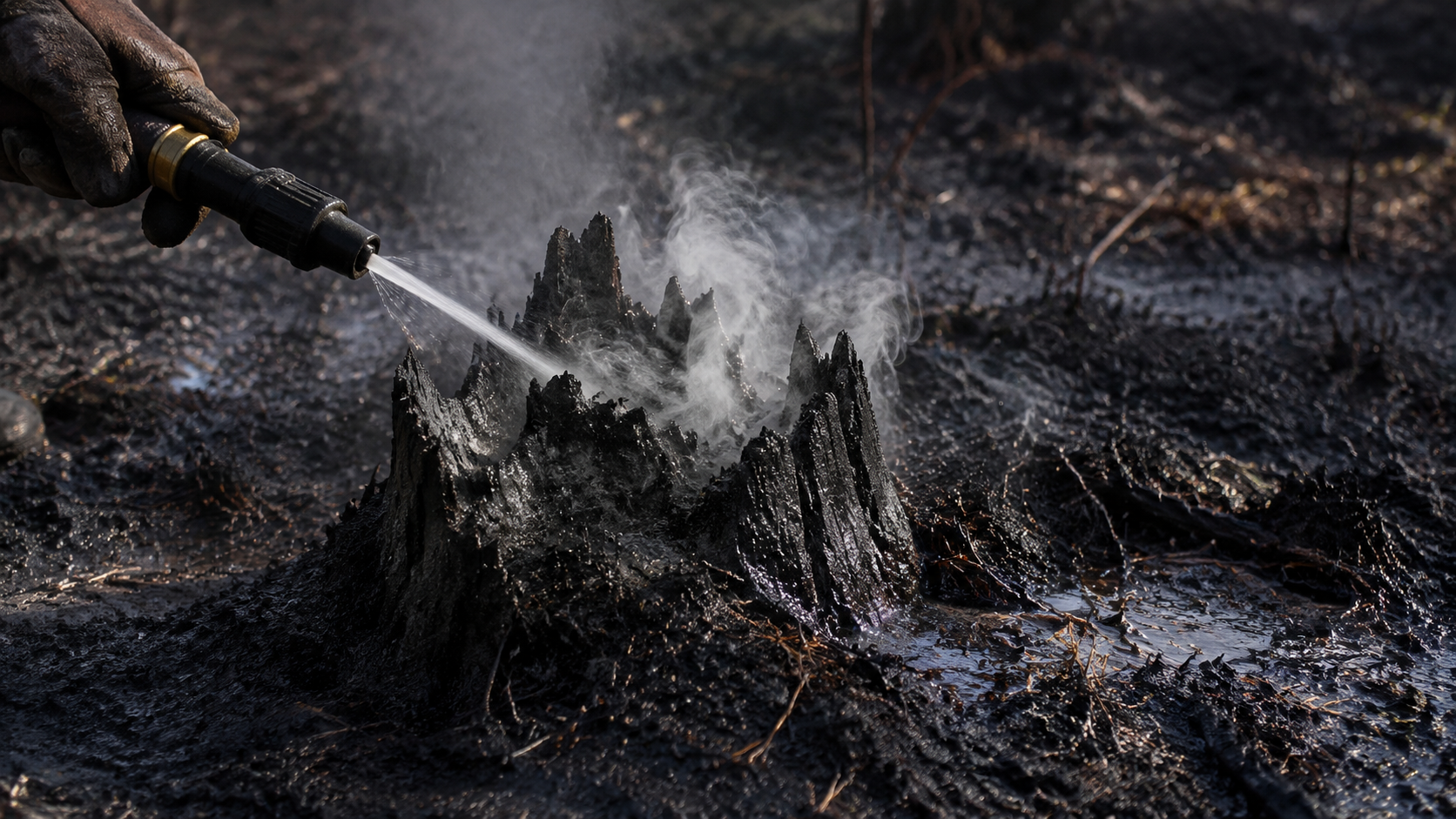 Une main gantée dirige un jet d’eau à faible pression sur une souche noircie qui fume encore, au sol calciné.