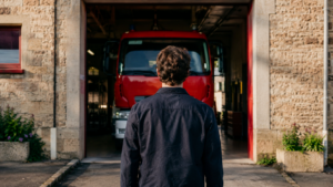 Une personne en vêtements civils, vue de dos, se tient devant la porte ouverte d’une petite caserne de pompiers française où stationne un camion rouge.