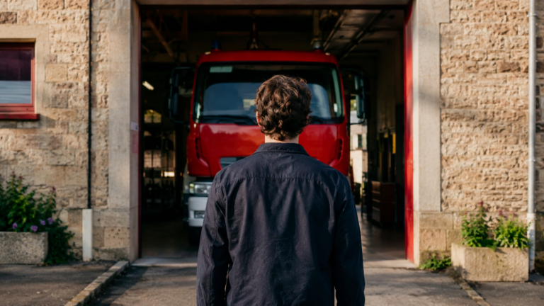Une personne en vêtements civils, vue de dos, se tient devant la porte ouverte d’une petite caserne de pompiers française où stationne un camion rouge.