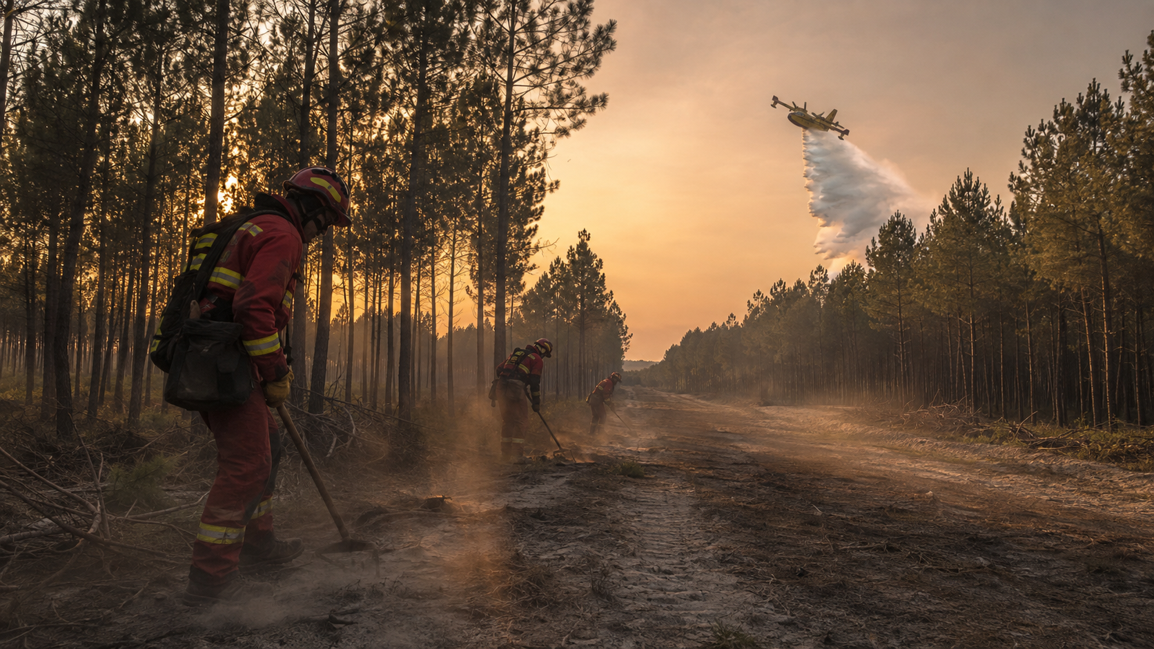 Sol de pinède carbonisé après un incendie, troncs noircis et premières pousses vertes perçant les cendres, lumière du matin.
