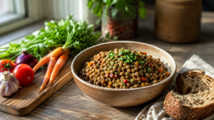 Un bol de lentilles cuites, des légumes frais et une tranche de pain complet posés sur une table de cuisine.