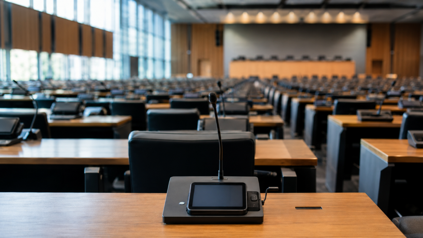 Grande salle de congrès international vide avant une session, longues rangées de pupitres de délégués équipés d’un micro et d’un boîtier de vote électronique.