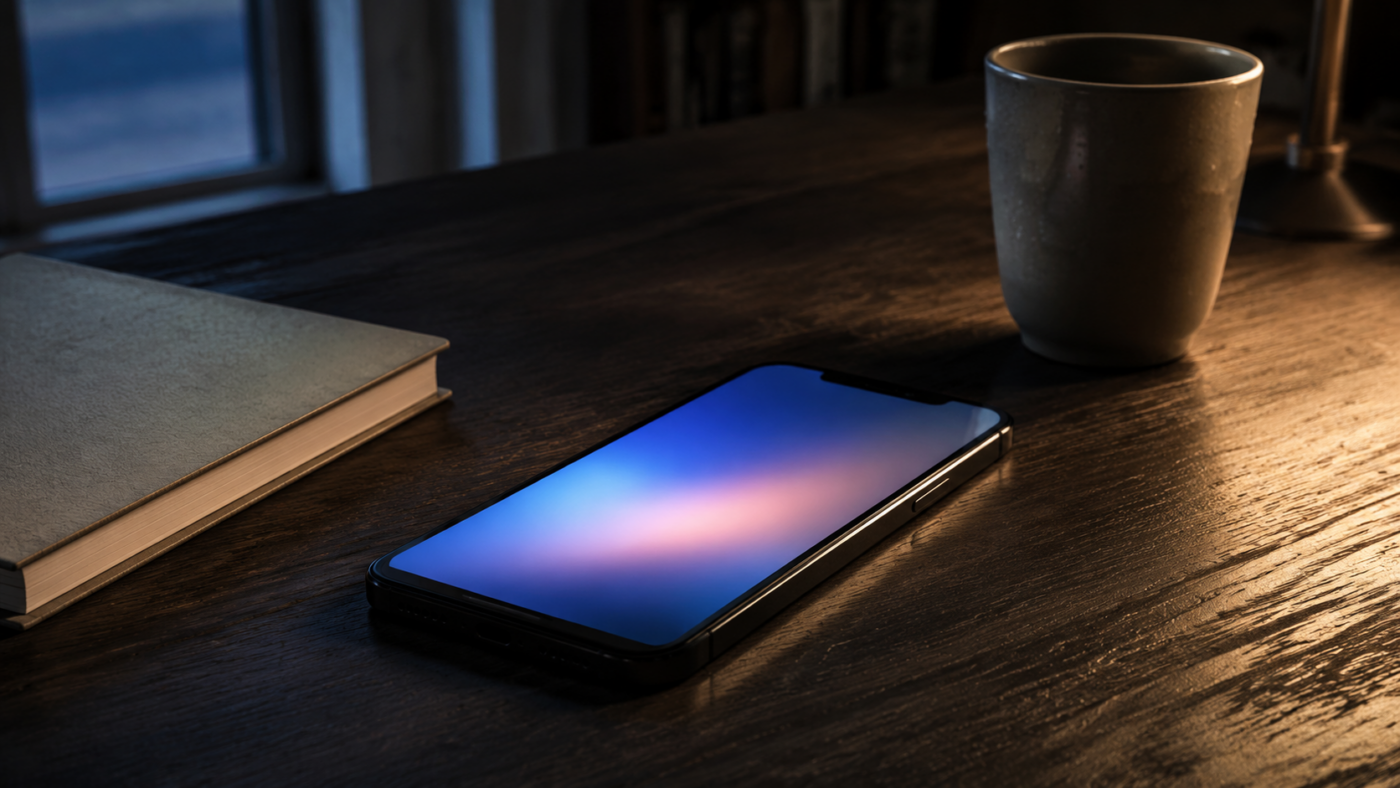 Un téléphone posé écran allumé sur un bureau sombre, à côté d’un carnet fermé et d’une tasse froide.