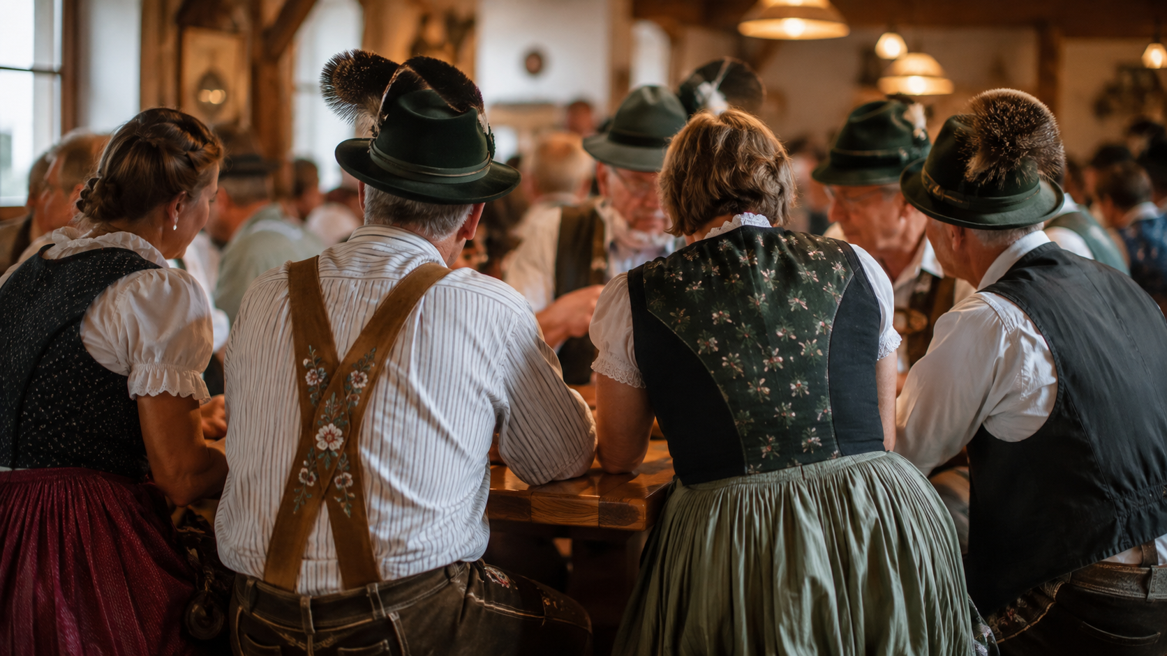 Public en tenue traditionnelle bavaroise, de dos et de profil, groupé autour d’une table de bois dans une salle des fêtes